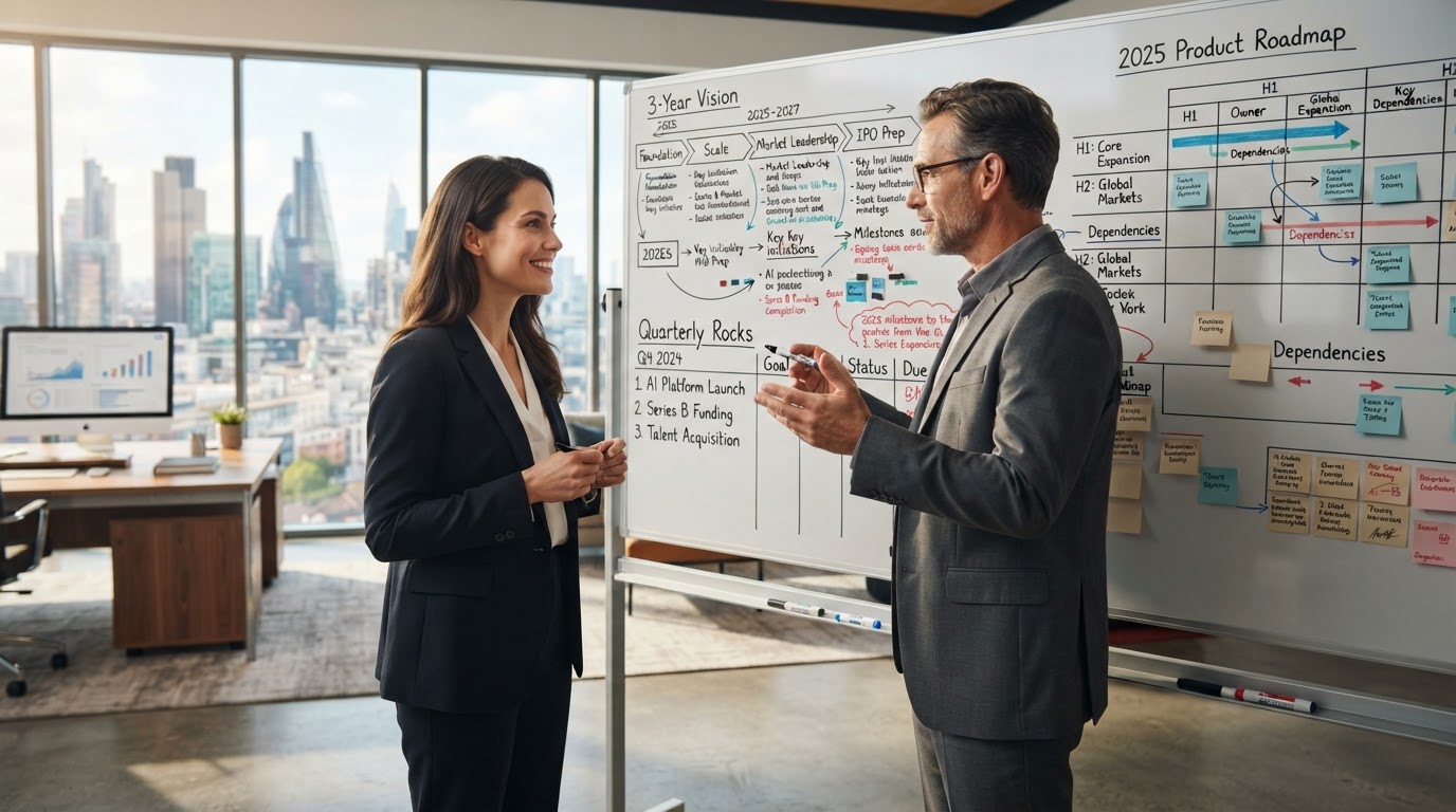 Executive leadership whiteboard session setting 3-year vision and rocks