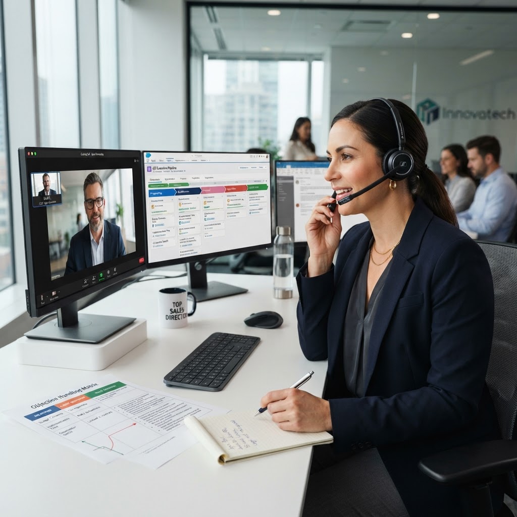 Sales director using consultative script and objection handling matrix