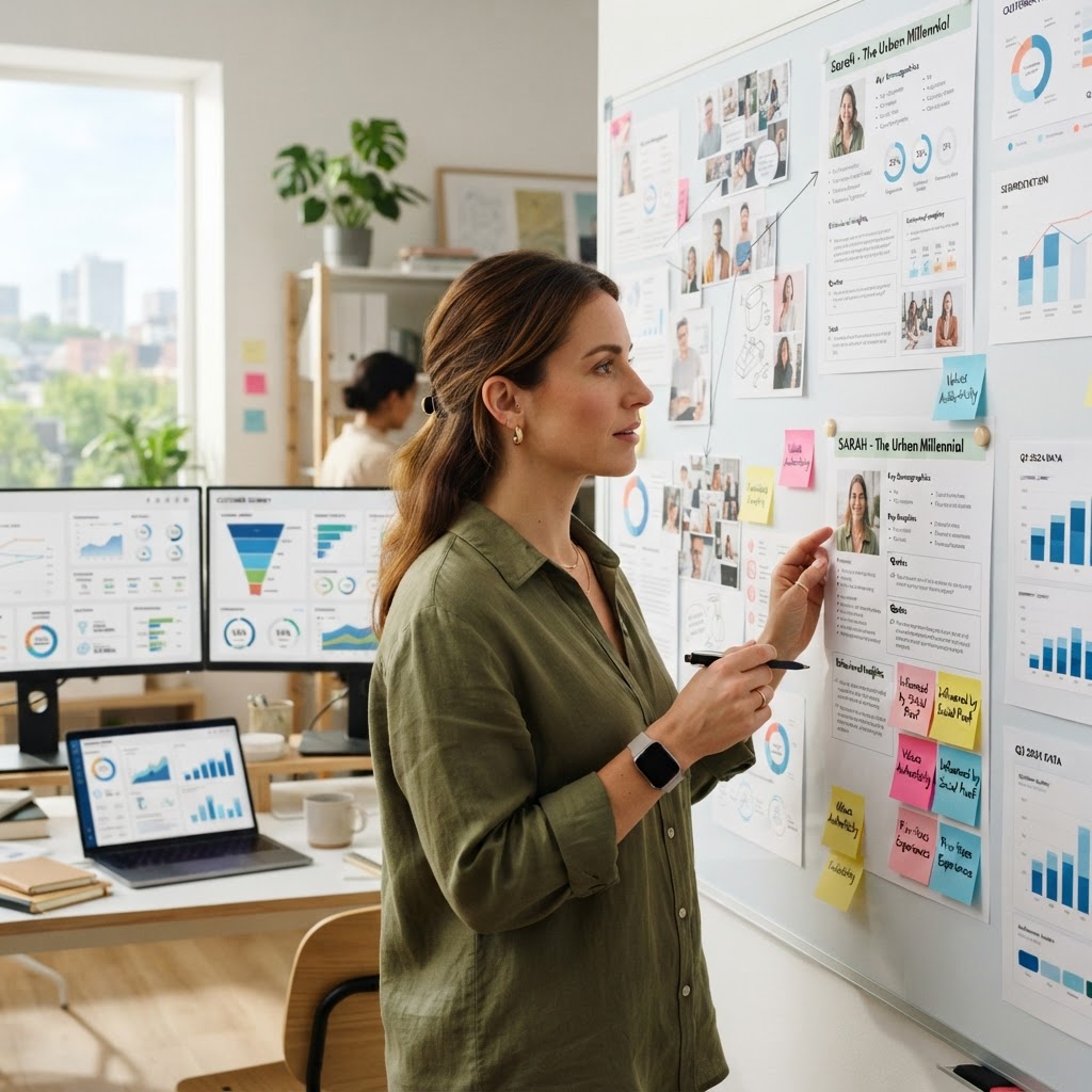 Marketing strategist with customer persona board and interview notes