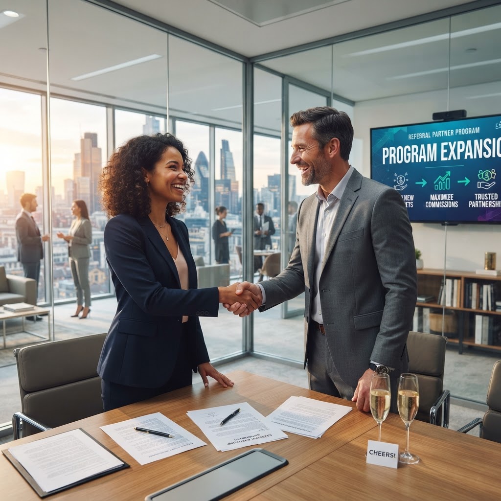 Client partners shaking hands in modern glass office with referral partner visual