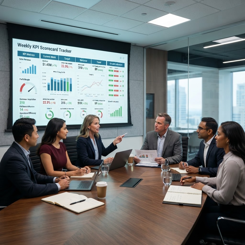 Executive team reviewing weekly KPI scorecard dashboard on projector screen