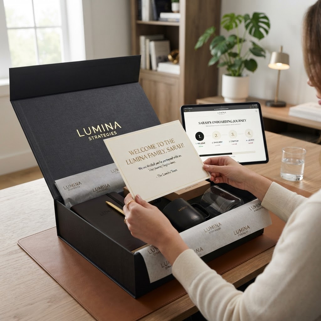 Luxury branded welcome package unboxing with welcome letter and portal