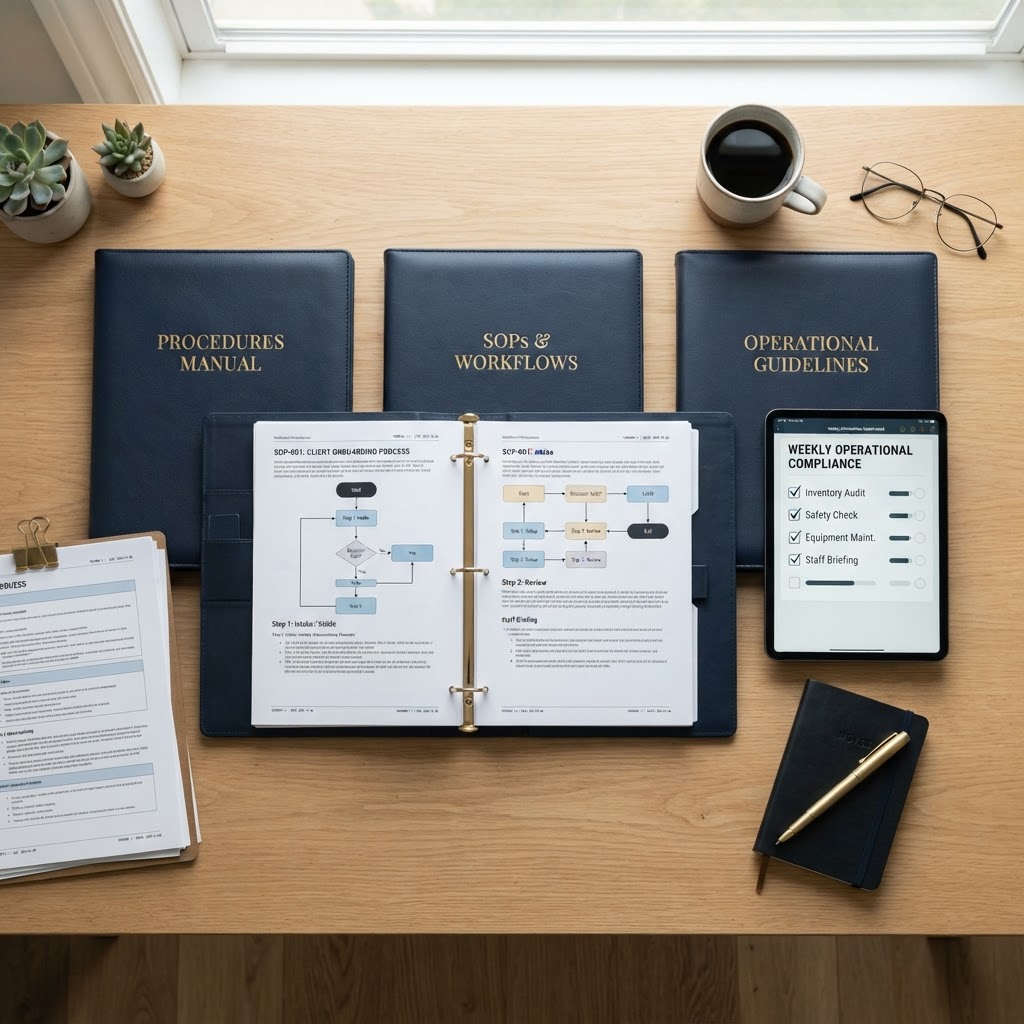 Standard Operating Procedure binder, digital checklist, and flowcharts