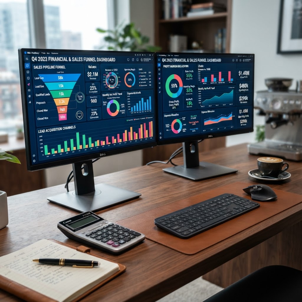 Sales funnel analytics audit with conversion drop-offs visualized on screens