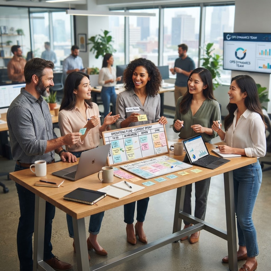 Operations team collaborating around high-top standing table with delegated cards