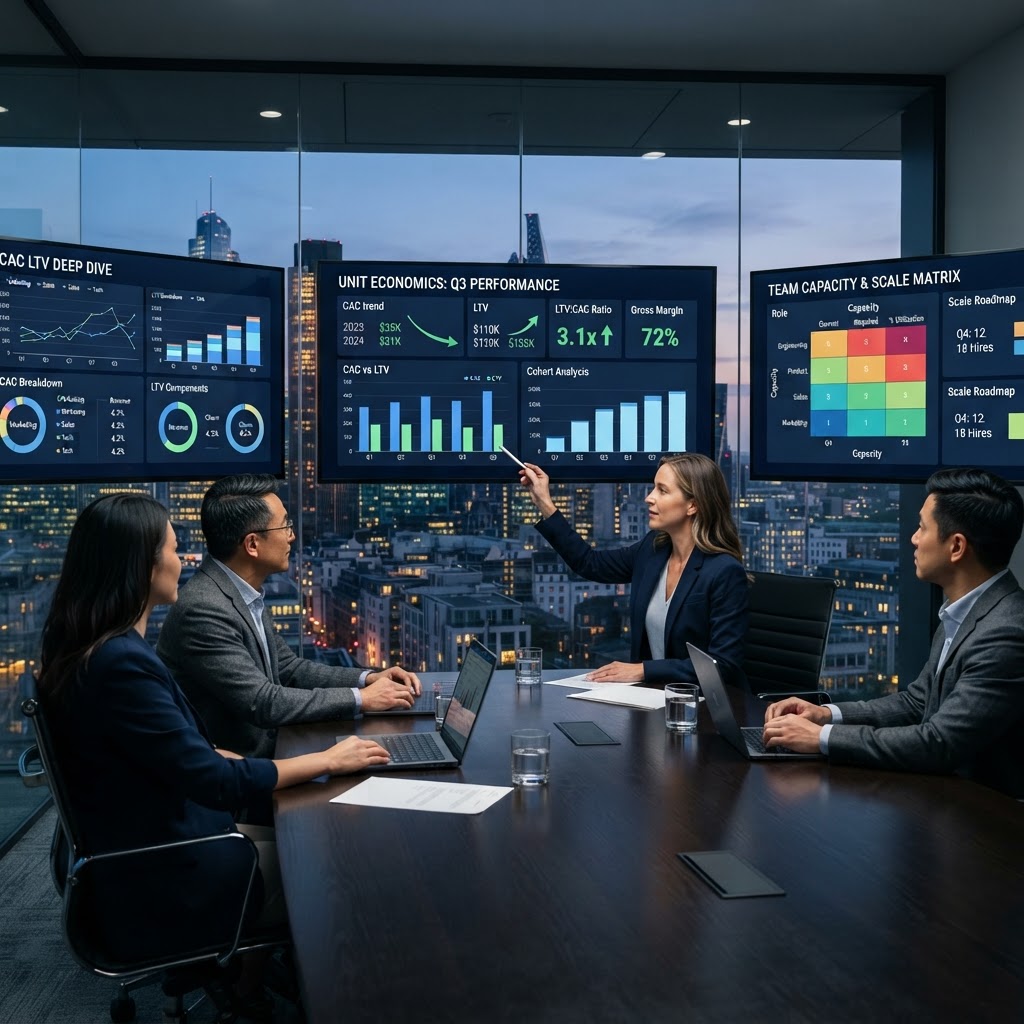 Executive analytics review of unit economics CAC LTV graphs on boardroom screens