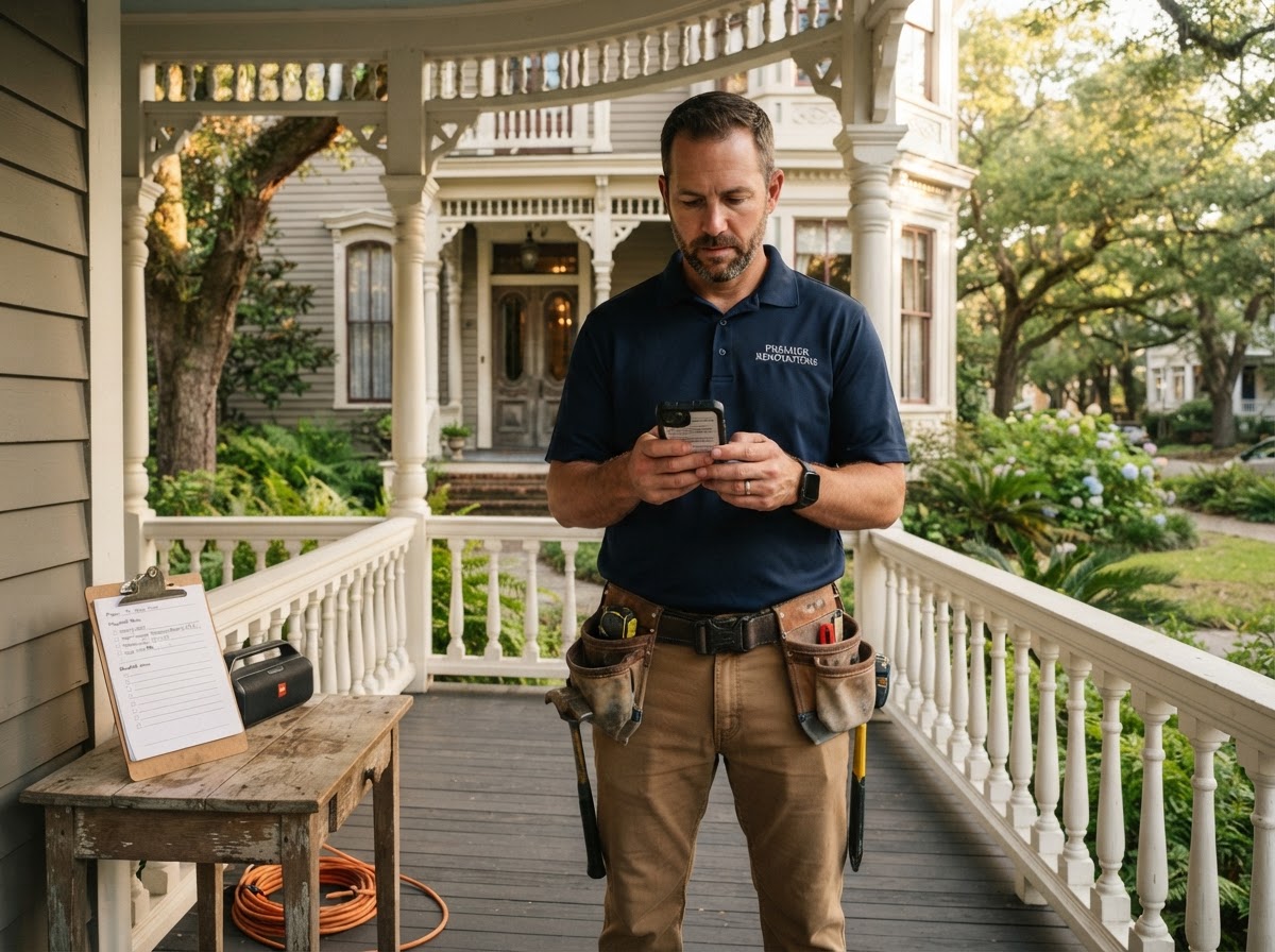 A professional contractor in a branded polo shirt standing on the wraparound porch of a historic Victorian Southern home, checking a smartphone that displays a unified inbox with text and message notifications, a tool belt and clipboard nearby