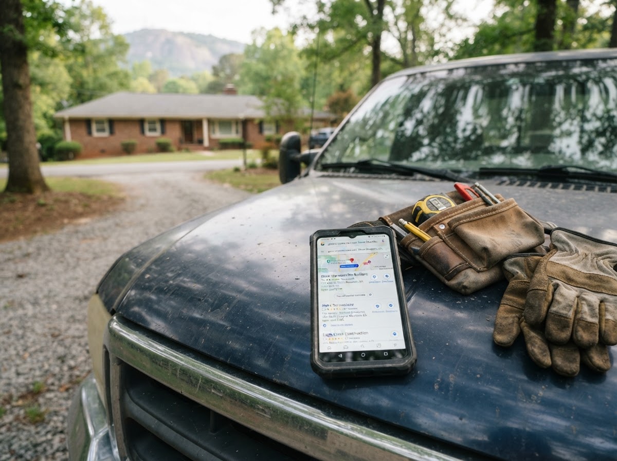 A contractor's smartphone on the hood of a pickup truck in a Stone Mountain driveway, the screen showing a local Google search with a contractor business listing at the top, a tool belt and work gloves beside it