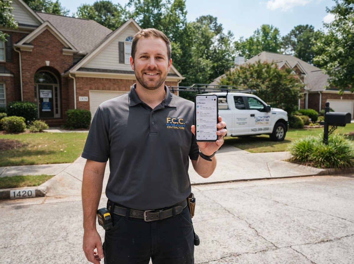 A professional contractor in a branded polo shirt in a Fulton County suburban driveway, holding a smartphone showing an all-in-one unified inbox with SMS, email, and Google chat message threads