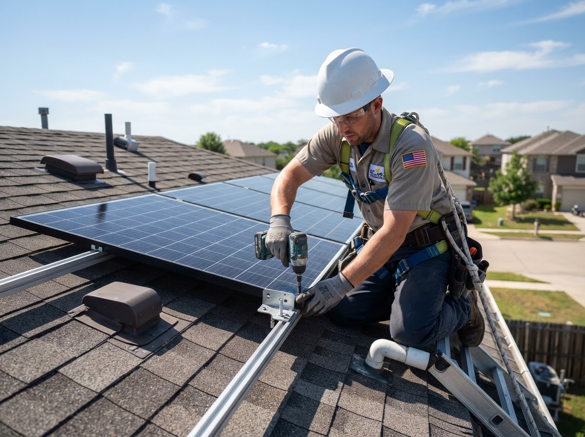 Solar panel installer securing photovoltaic panels on a residential rooftop