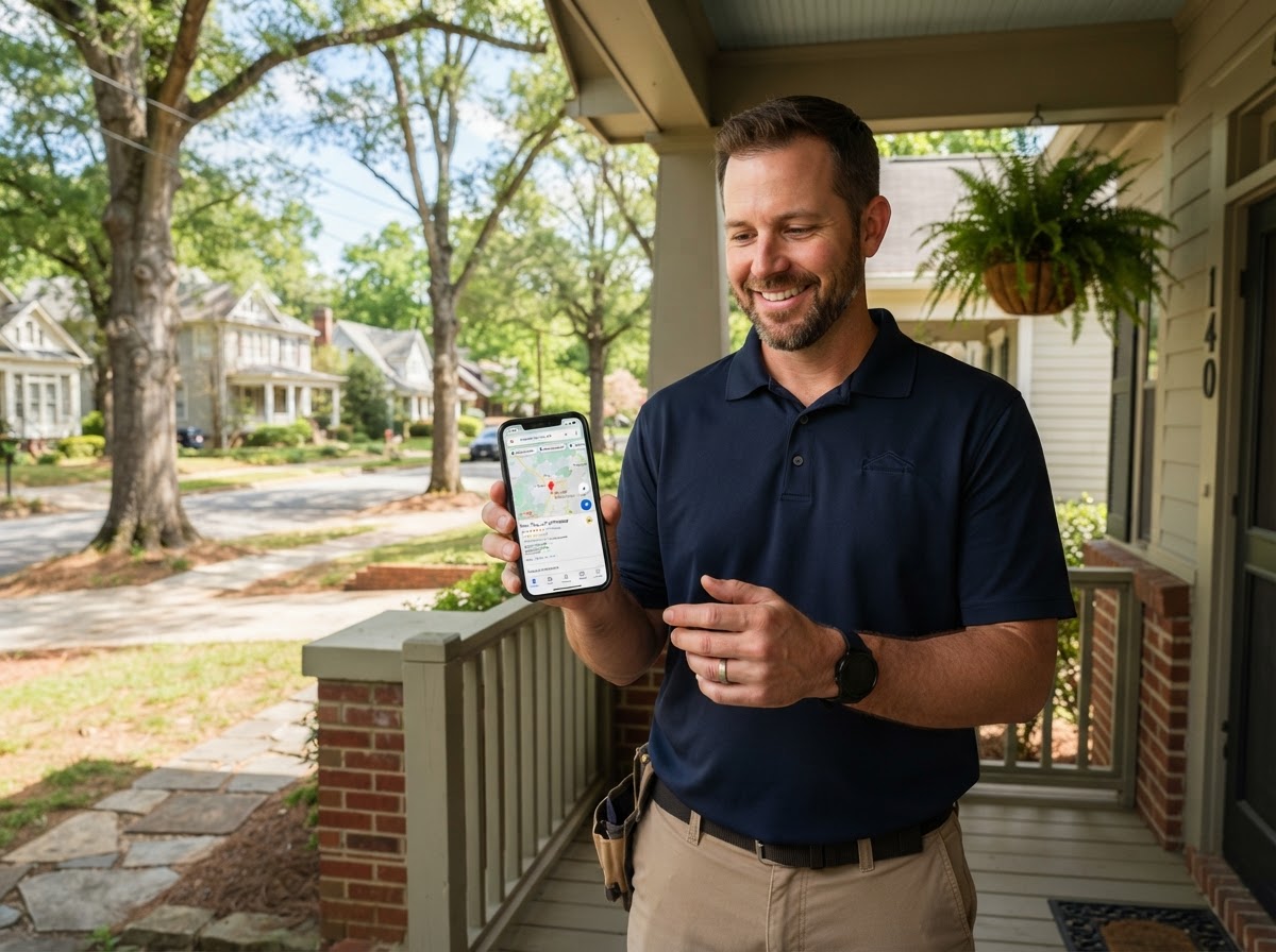 A professional contractor in a branded polo shirt on a residential porch in Newton County, holding a smartphone showing a Google local search results page with his contracting business at the top of the map results