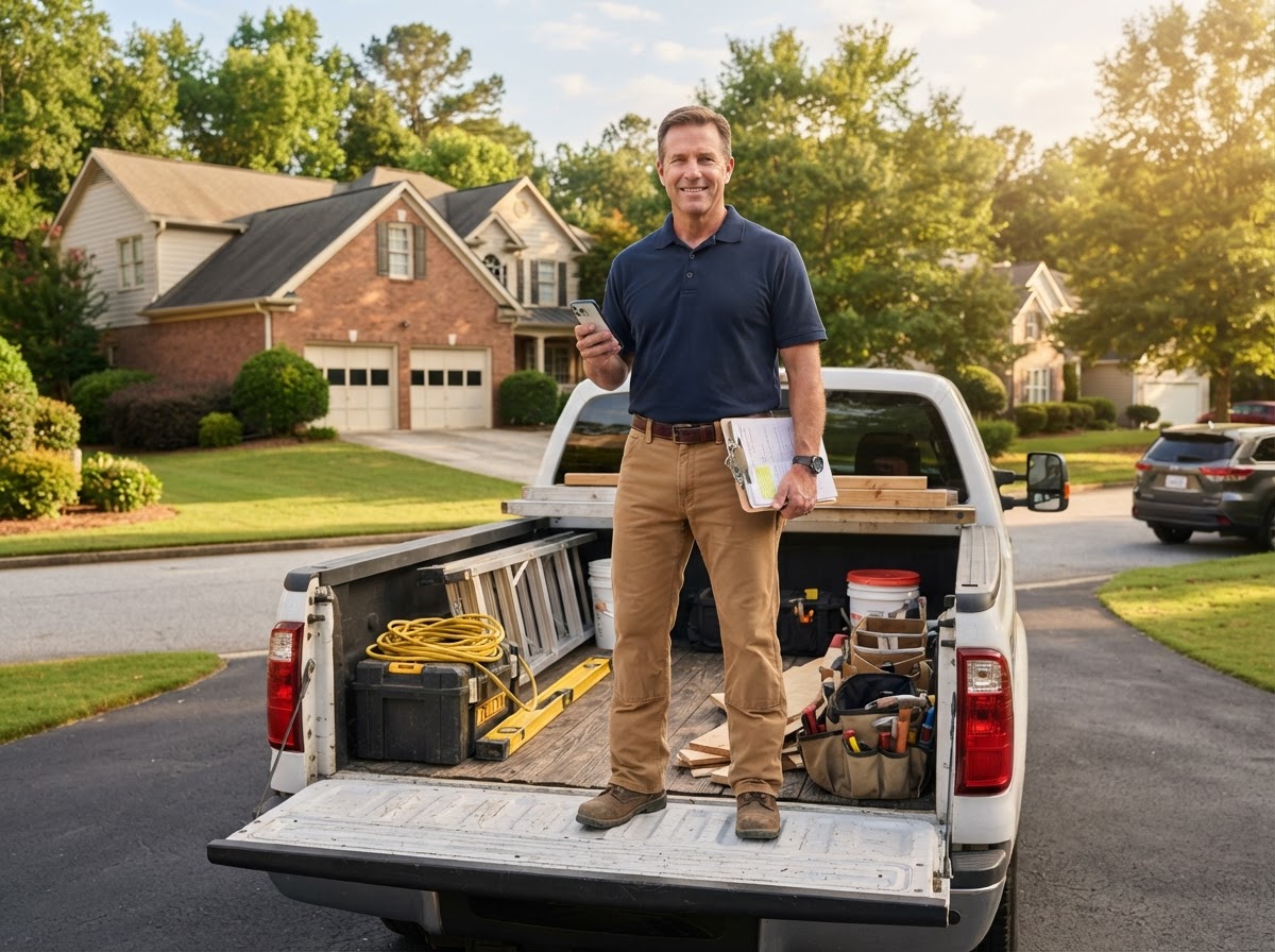 A professional contractor in a branded polo shirt standing at the bed of a work pickup truck in a Coweta County driveway, holding a smartphone and a clipboard, looking organized and in control of his business