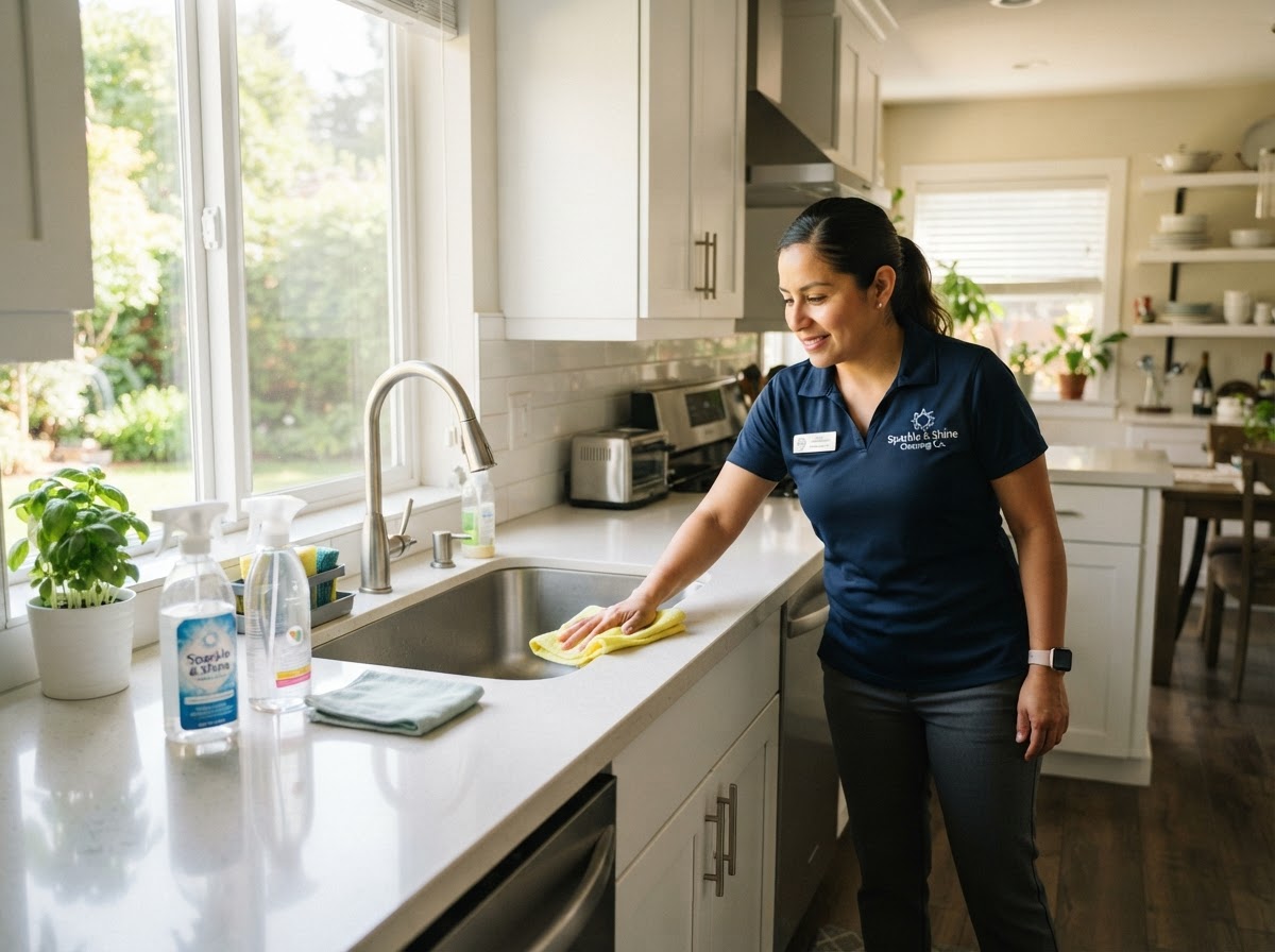 Maid service worker wiping down a kitchen counter in a clean residential home