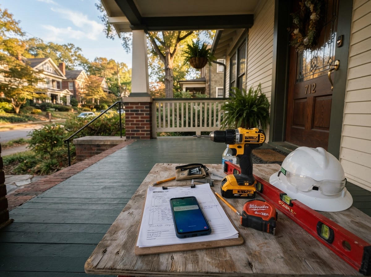A neatly organized contractor tool setup with a drill, tape measure, level, hard hat, and a phone showing a new lead notification on the porch of an intown Doraville home
