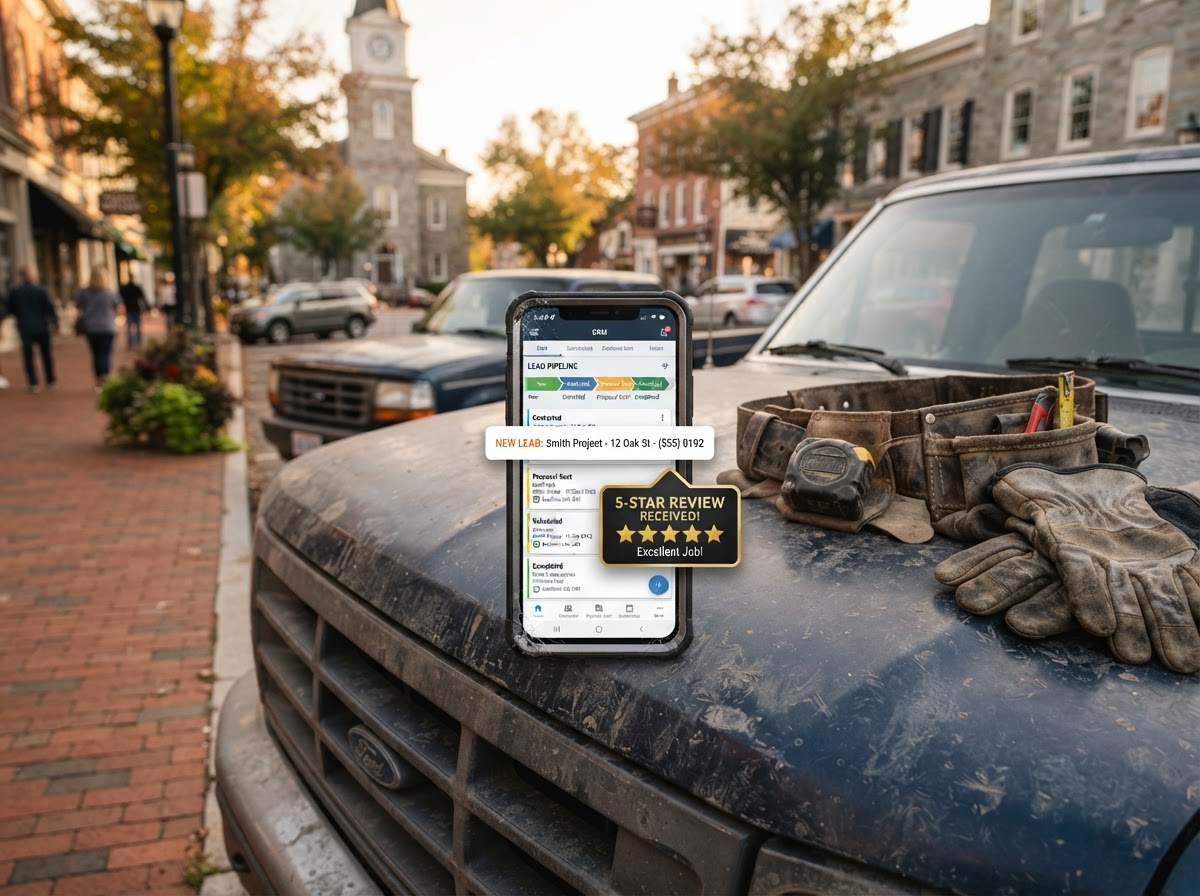 A contractor's smartphone on the hood of a pickup truck parked near the Marietta square, the screen showing a lead pipeline and a 5-star review badge, a tool belt and work gloves beside it