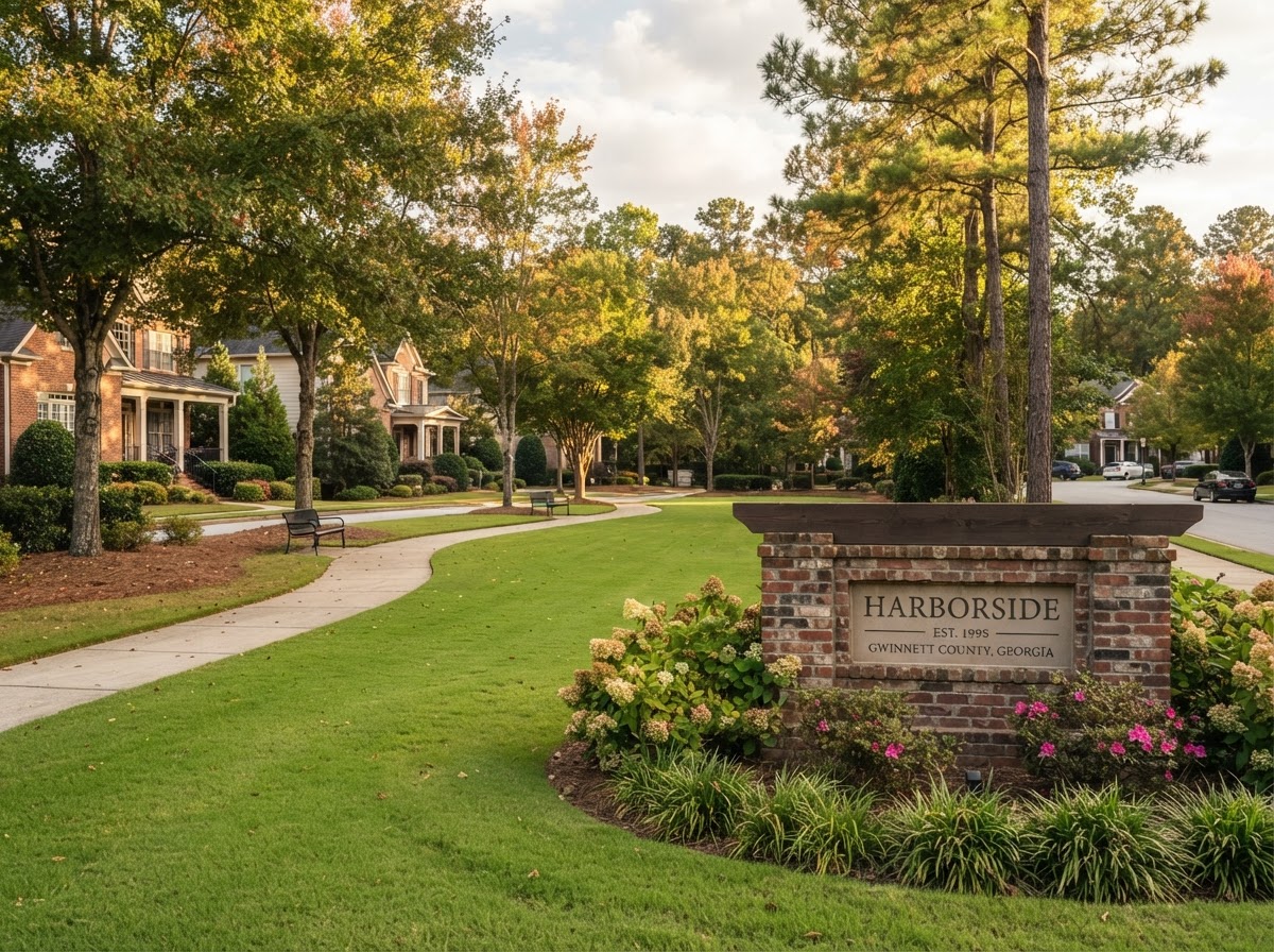 A tidy small-town suburban neighborhood green space in Gwinnett County with mature shade trees and a brick welcome sign