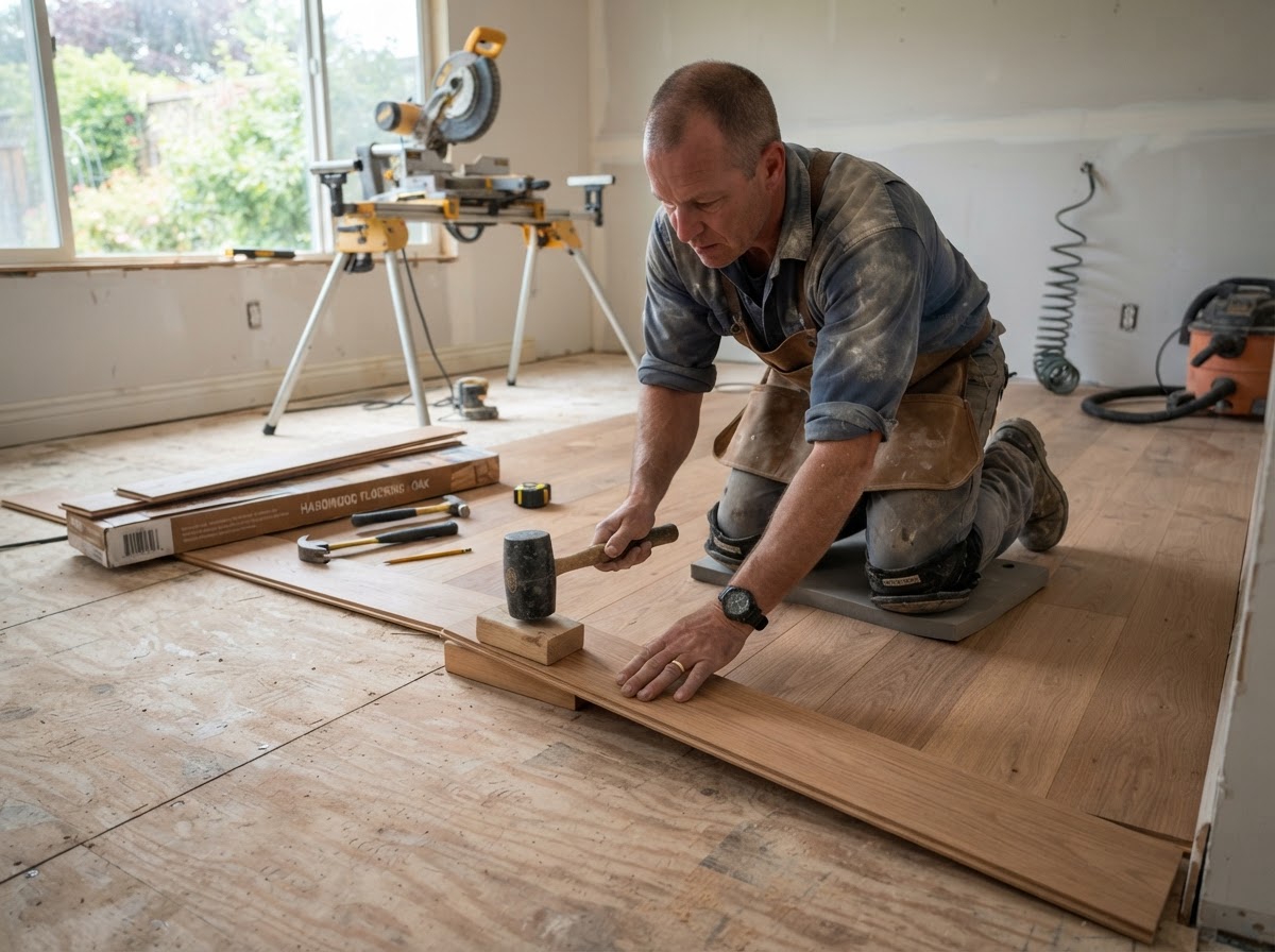 Flooring installer laying hardwood planks in a residential living room
