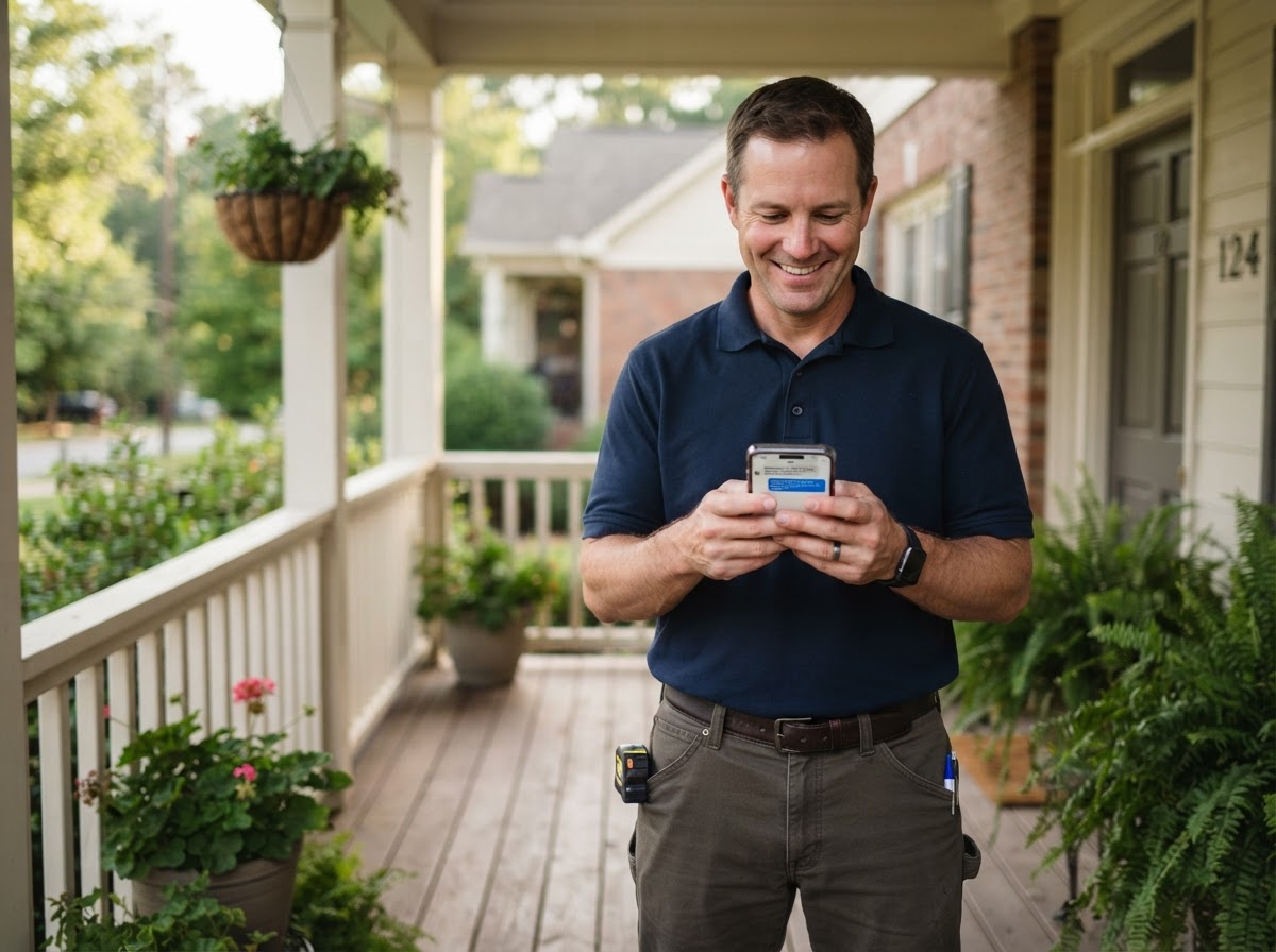A professional contractor in a branded polo shirt on a residential porch in Paulding County, looking at his smartphone showing a live chat conversation window with a homeowner asking about a quote