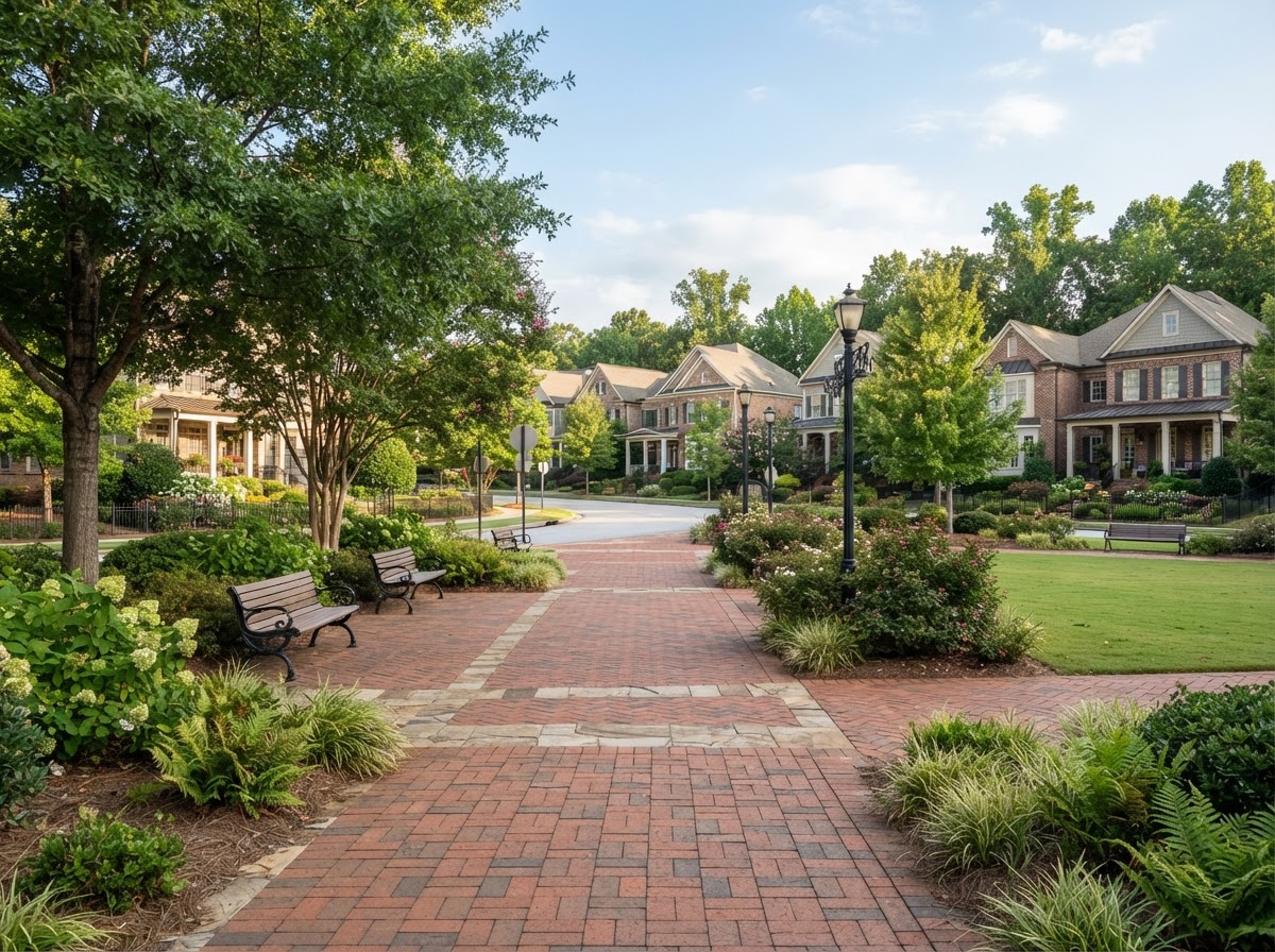 A clean, well-maintained suburban park plaza in Gwinnett County with brick walkways and landscaped greenery