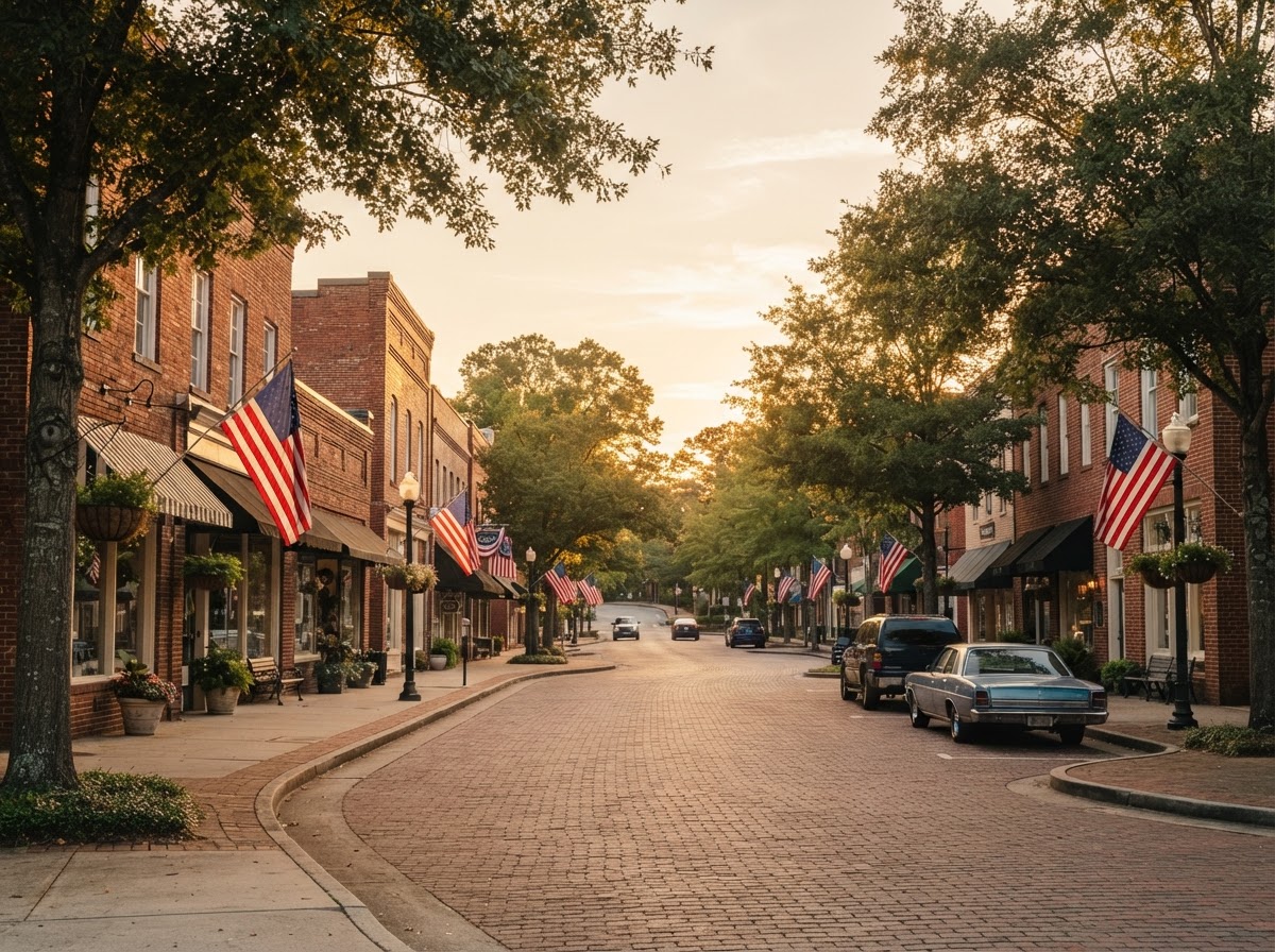 A quiet, friendly Gwinnett County main street with brick storefronts and mature trees