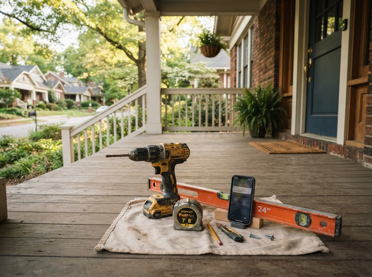 A neatly organized contractor tool setup with a drill, tape measure, level, and a phone showing a new lead notification on the porch of an intown Chamblee home
