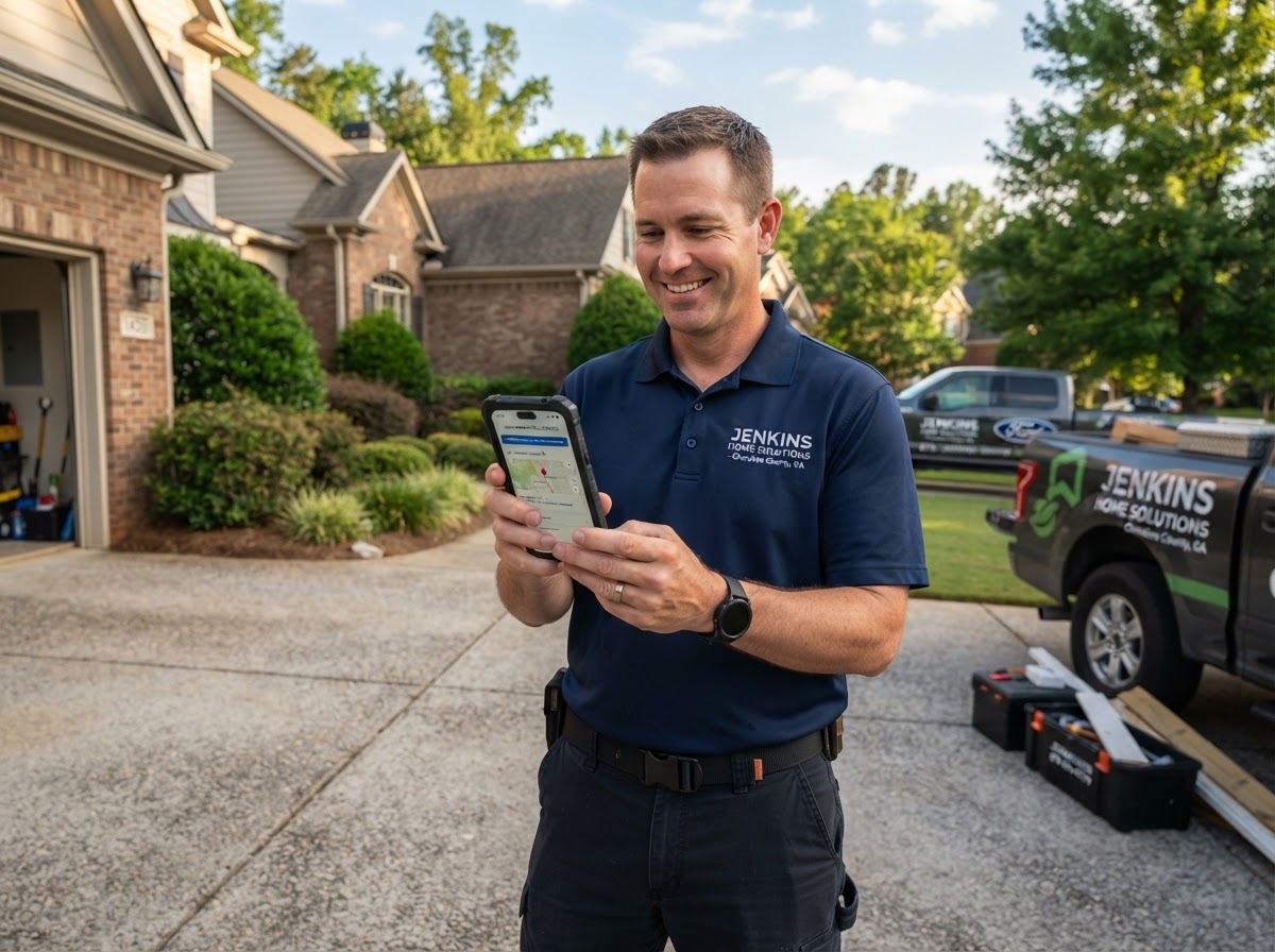 A professional contractor in a branded polo shirt in a Cherokee County residential driveway, holding a smartphone showing a one-click marketing campaign being sent to past customers