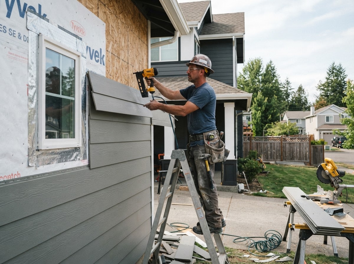 Siding installer attaching fiber cement panels to a residential home exterior