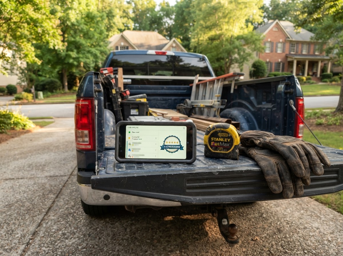A contractor's smartphone on the tailgate of a pickup truck in a Smyrna driveway, the screen showing a lead pipeline with new lead notifications and a 5-star review badge, a tape measure and work gloves beside it