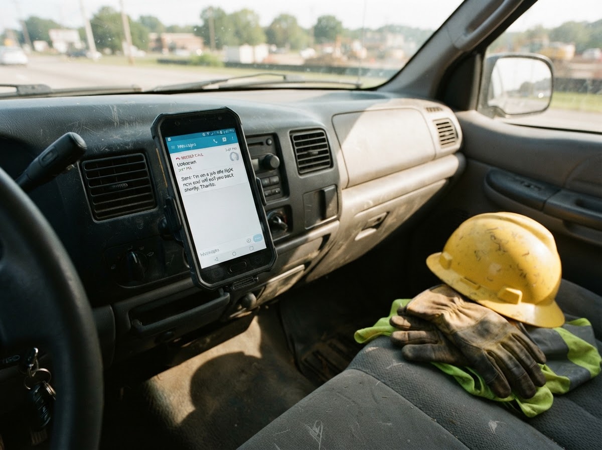 A contractor's smartphone resting on the dashboard of a pickup truck, the screen showing a missed-call notification with an automatic text-back reply being sent, a hard hat and work gloves on the passenger seat beside it