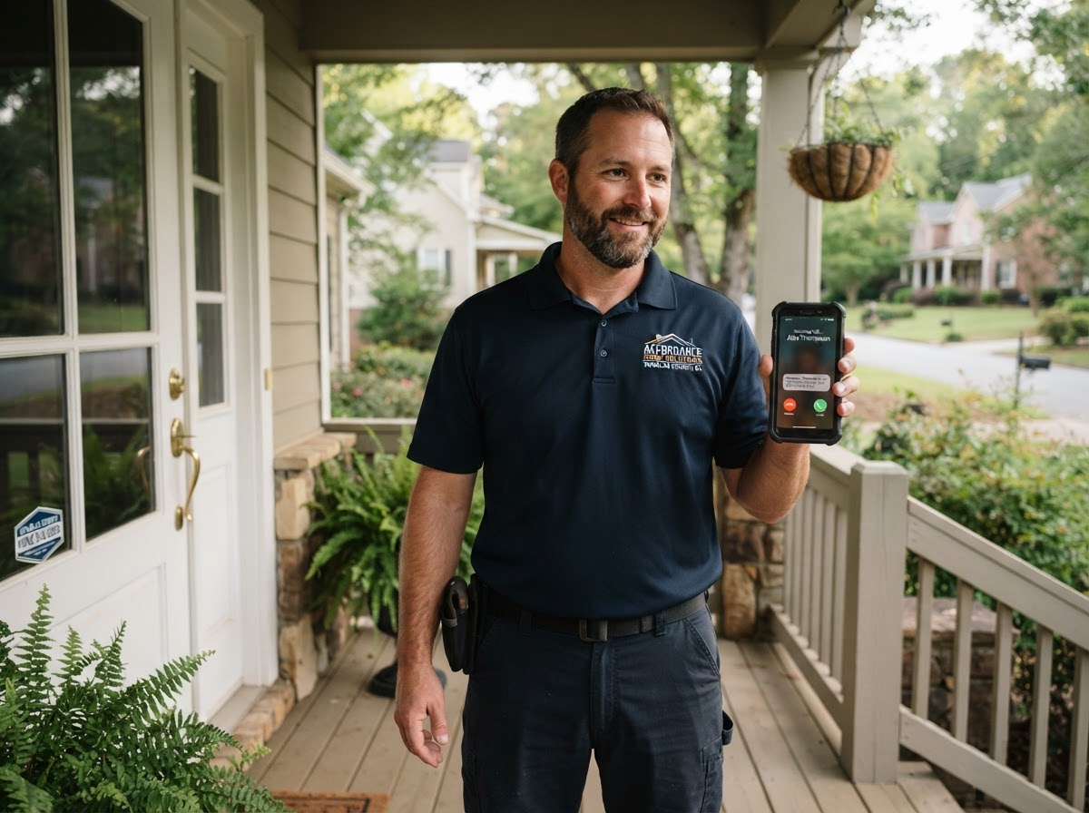 A professional contractor in a branded polo shirt on a residential porch in Douglas County, holding a smartphone showing a missed-call auto text-back reply notification