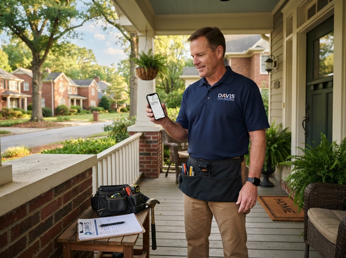 A professional contractor in a branded polo shirt on a residential porch in a southern Atlanta suburb, holding a smartphone showing a new lead text notification, tools and a clipboard nearby