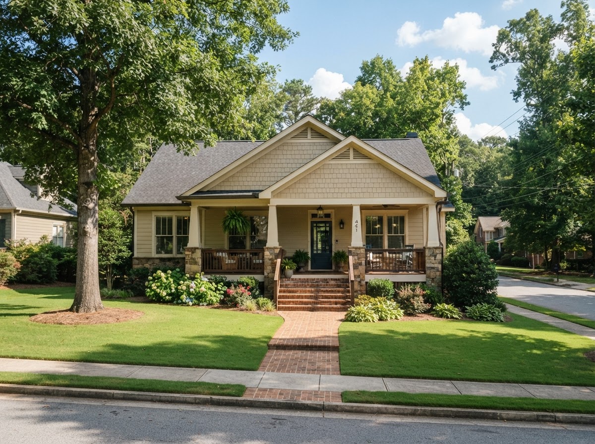 A tidy craftsman-style home with a covered front porch and a neat green lawn in a quiet small-town Georgia setting