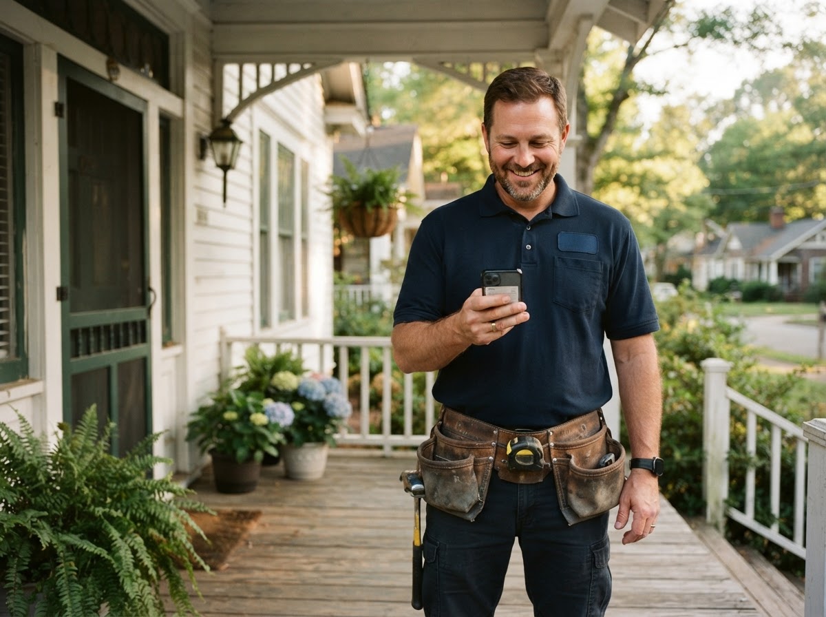A professional contractor in a branded polo shirt on a residential porch in Rockdale County, holding a smartphone showing a new website lead notification