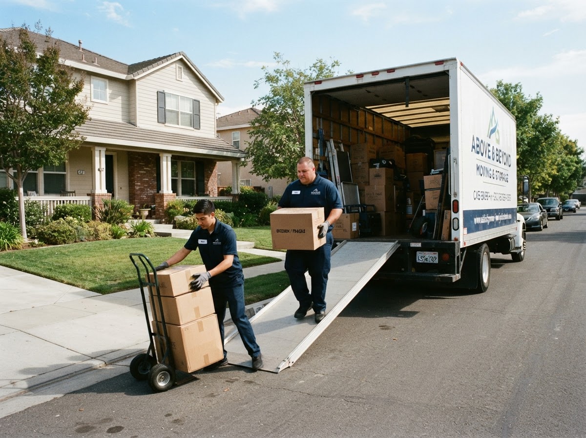 Movers loading cardboard boxes into a moving truck at a residential home