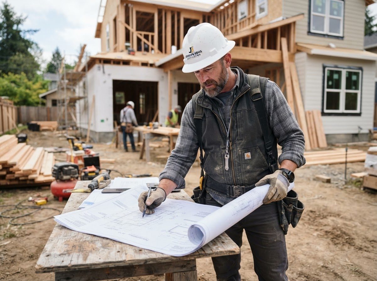 General contractor reviewing blueprints on a residential job site