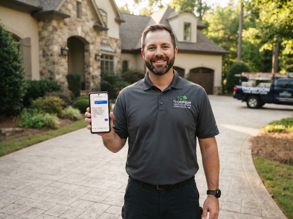 A professional contractor in a branded polo shirt in a Forsyth County residential driveway, holding a smartphone showing an instant automated lead follow-up text being sent to a new lead
