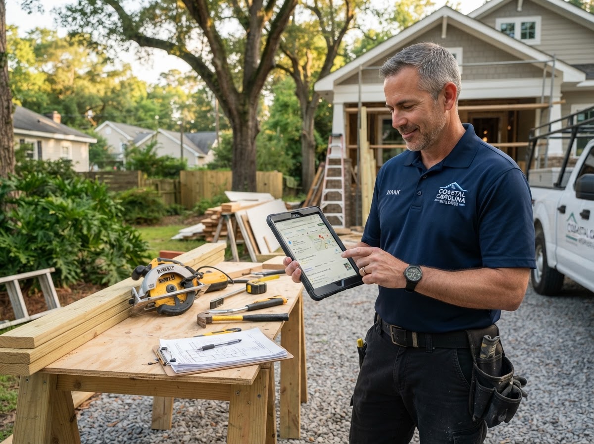 A professional contractor in a branded polo shirt reviewing a tablet showing a Google local search results page on a job site in a southern Georgia suburb, tools and a clipboard nearby