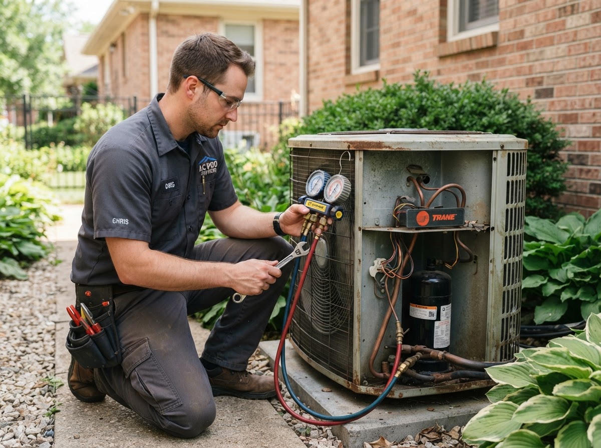 HVAC technician servicing an outdoor air conditioning unit