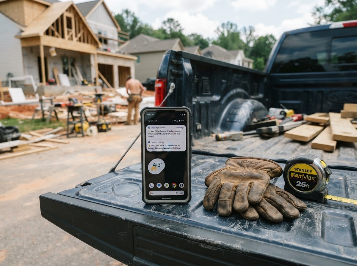 A contractor's smartphone resting on the open tailgate of a pickup truck in a growing Woodstock driveway, the screen showing fresh 5-star review notifications and a new lead alert, work gloves and a tape measure beside it