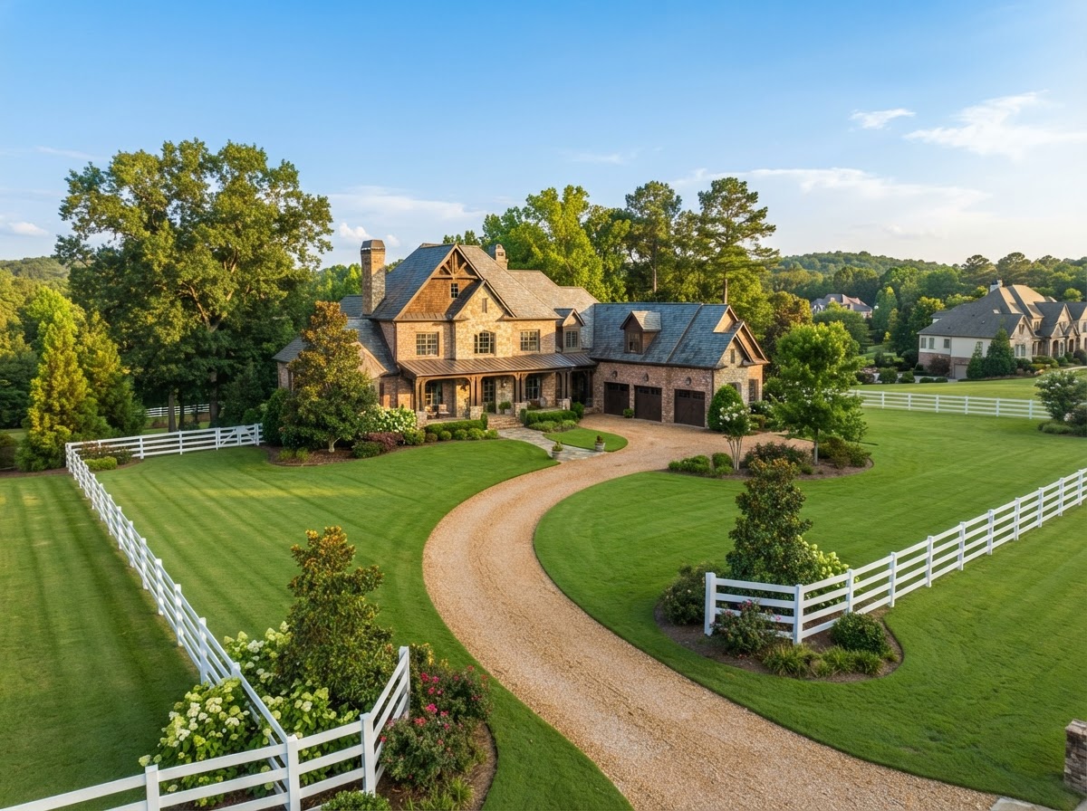A large upscale Milton estate home with a wide green lawn, white horse fencing, and mature oak trees in the afternoon light