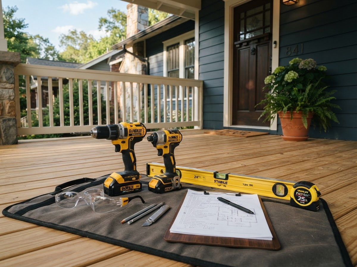 A neatly organized contractor tool setup with a level, tape measure, drill, and clipboard on the porch of an intown Brookhaven home