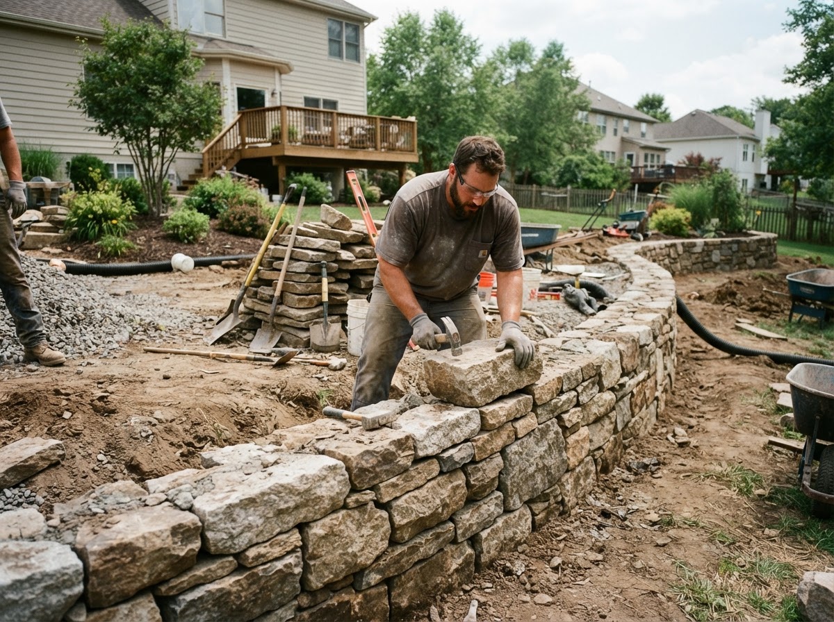 Hardscape contractor building a natural stone retaining wall in a residential yard