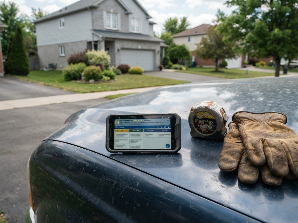 A contractor's smartphone resting on the hood of a pickup truck in an Austell driveway, the screen showing a missed-call text-back reply and a new lead notification, a tape measure and work gloves beside it
