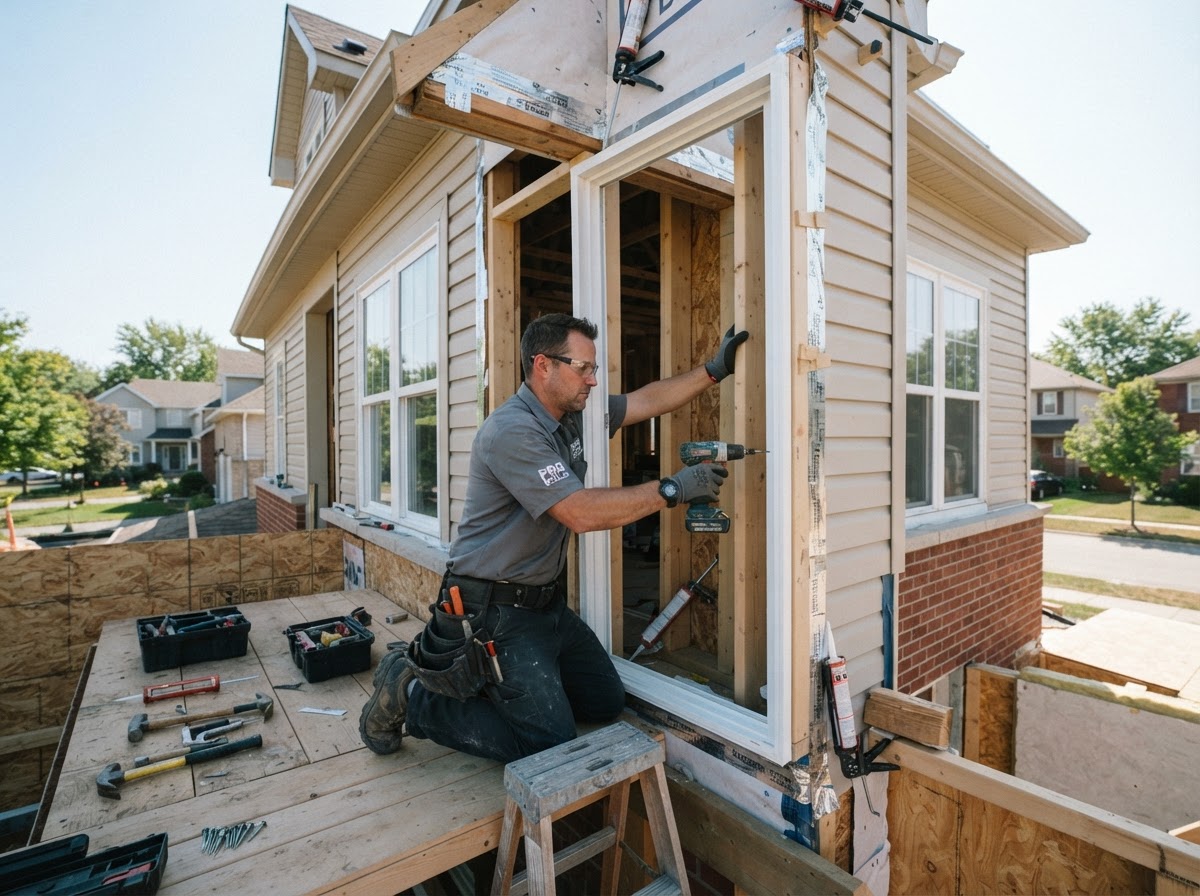Window installer fitting a new window frame into a residential home wall