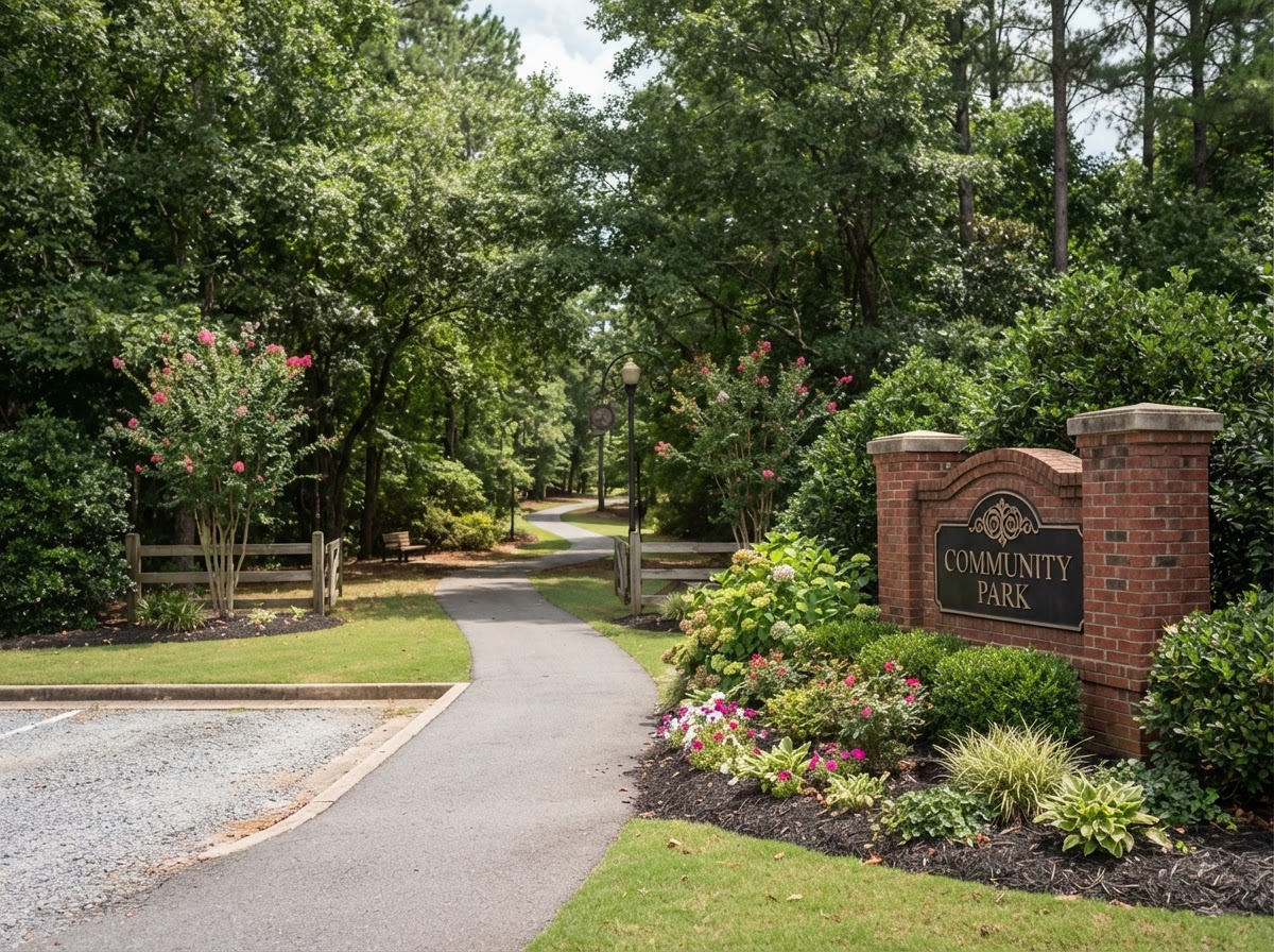 A tidy suburban community green space in Gwinnett County with a brick welcome sign, landscaped shrubs, and mature shade trees