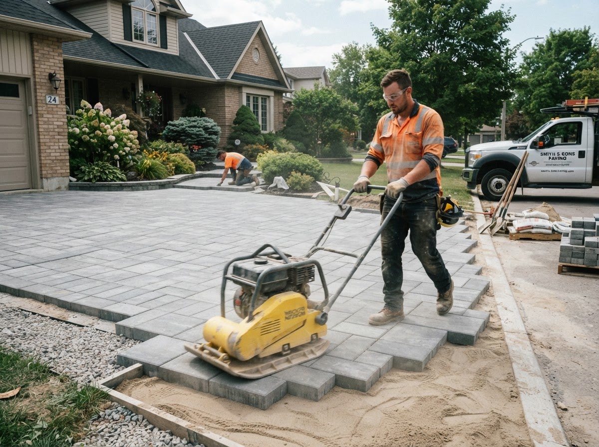 Paving contractor laying a concrete paver driveway with a plate compactor