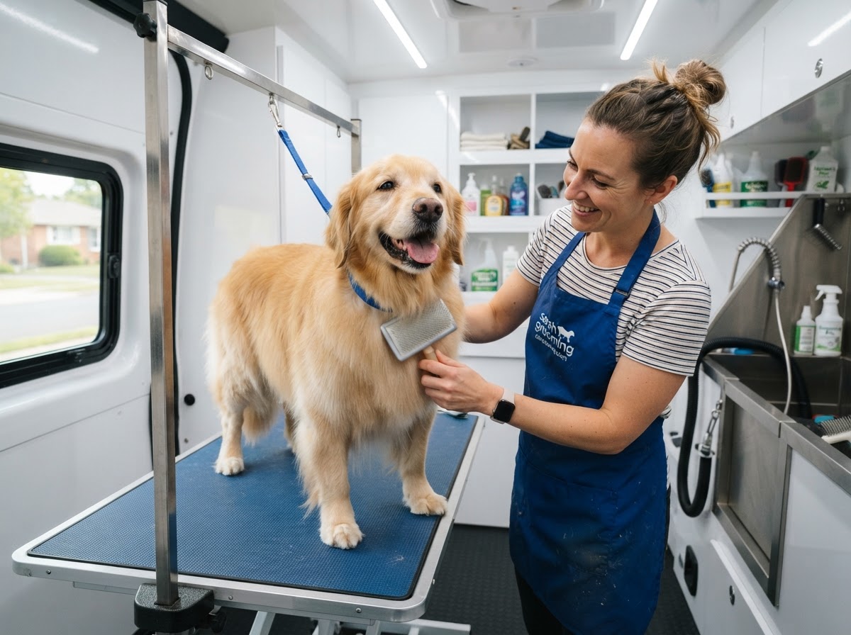 Dog groomer grooming a happy golden retriever on a grooming table