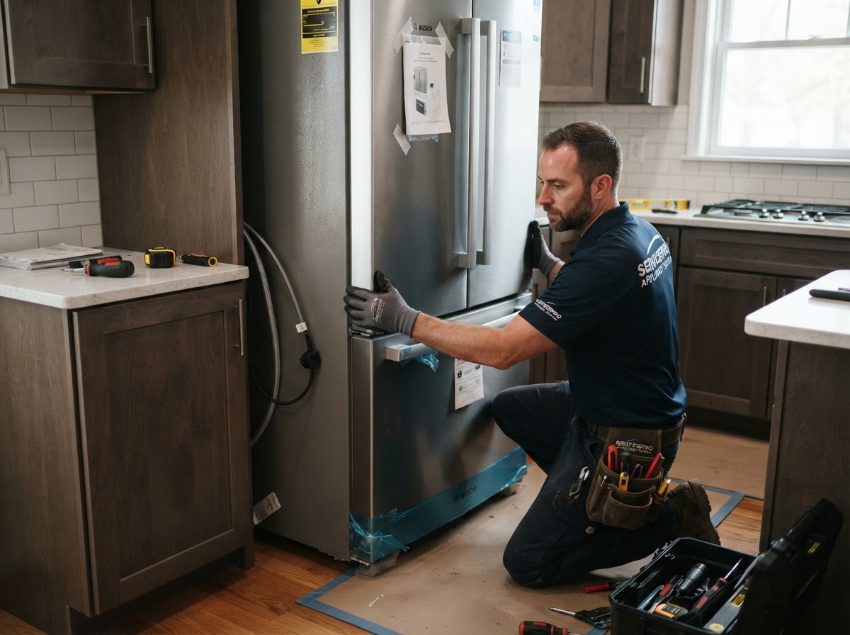 Appliance technician installing a new refrigerator in a residential kitchen