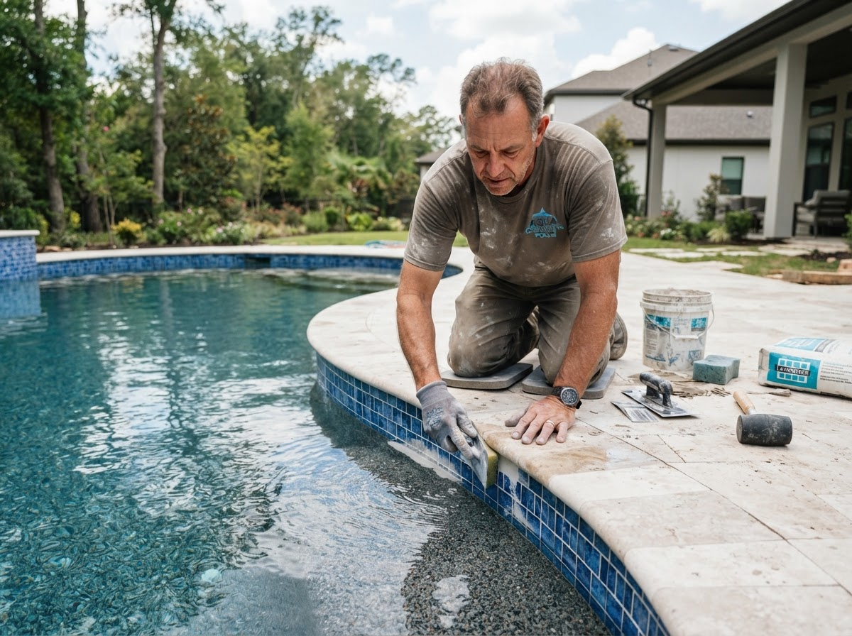 Pool builder finishing the tile edge of a residential swimming pool