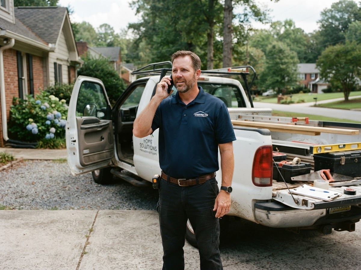 A professional contractor in a branded polo shirt standing beside a work truck in a suburban Georgia driveway, holding a smartphone to his ear taking a business call, tools and a clipboard nearby